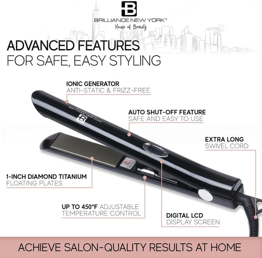 Brilliance New York - 1 Inch Diamond Titanium Flat Iron - 2 In 1 Hair Straightener And Curler - Anti-Static, Frizz-Free Ionic Plates - Auto Shut-Off Dual Voltage Flat Iron W/Lcd Display