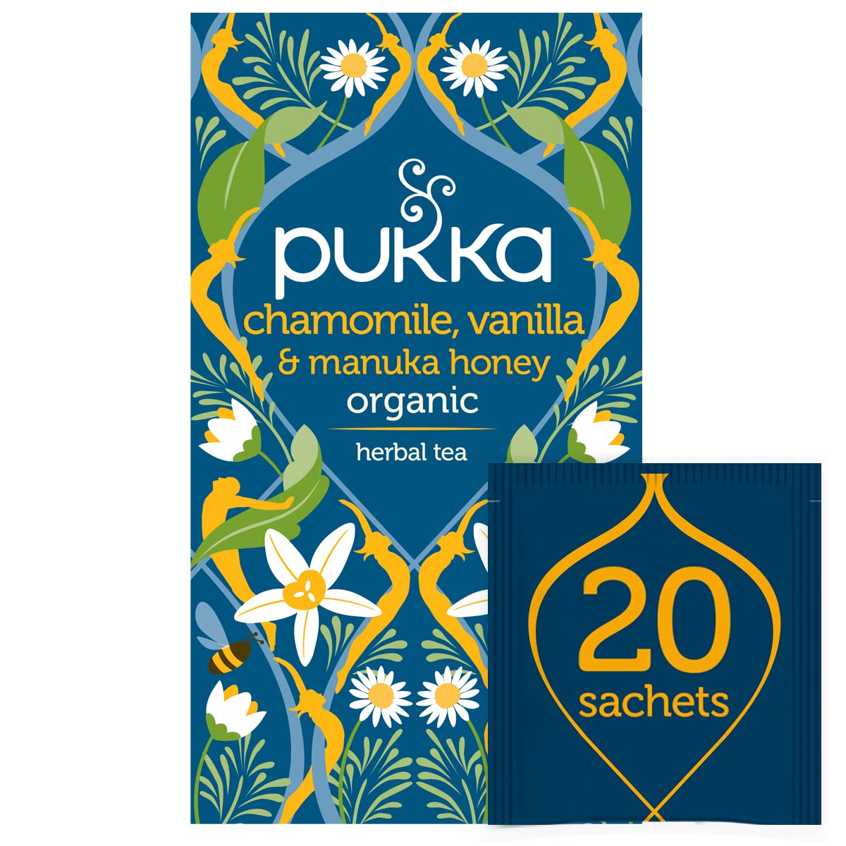 Pukka Herbs, Calming Chamomile, Vanilla & Manuka Honey Organic Herbal Tea, Soothing Organic Tea Infusion Selection, Honey & Fennel Blend, 20 Tea Bags