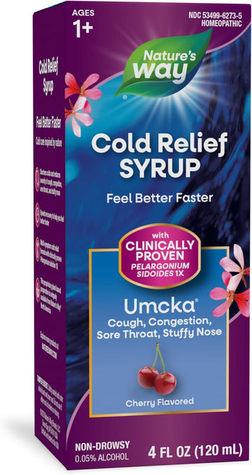 Nature'S Way Cold Relief Syrup, Umcka, Shortens Duration & Reduces Severity, Multi-Symptom Cold Relief, Homeopathic, Phenylephrine Free, Non-Drowsy, Cherry Flavored, 4 Fl Oz (Packaging May Vary)