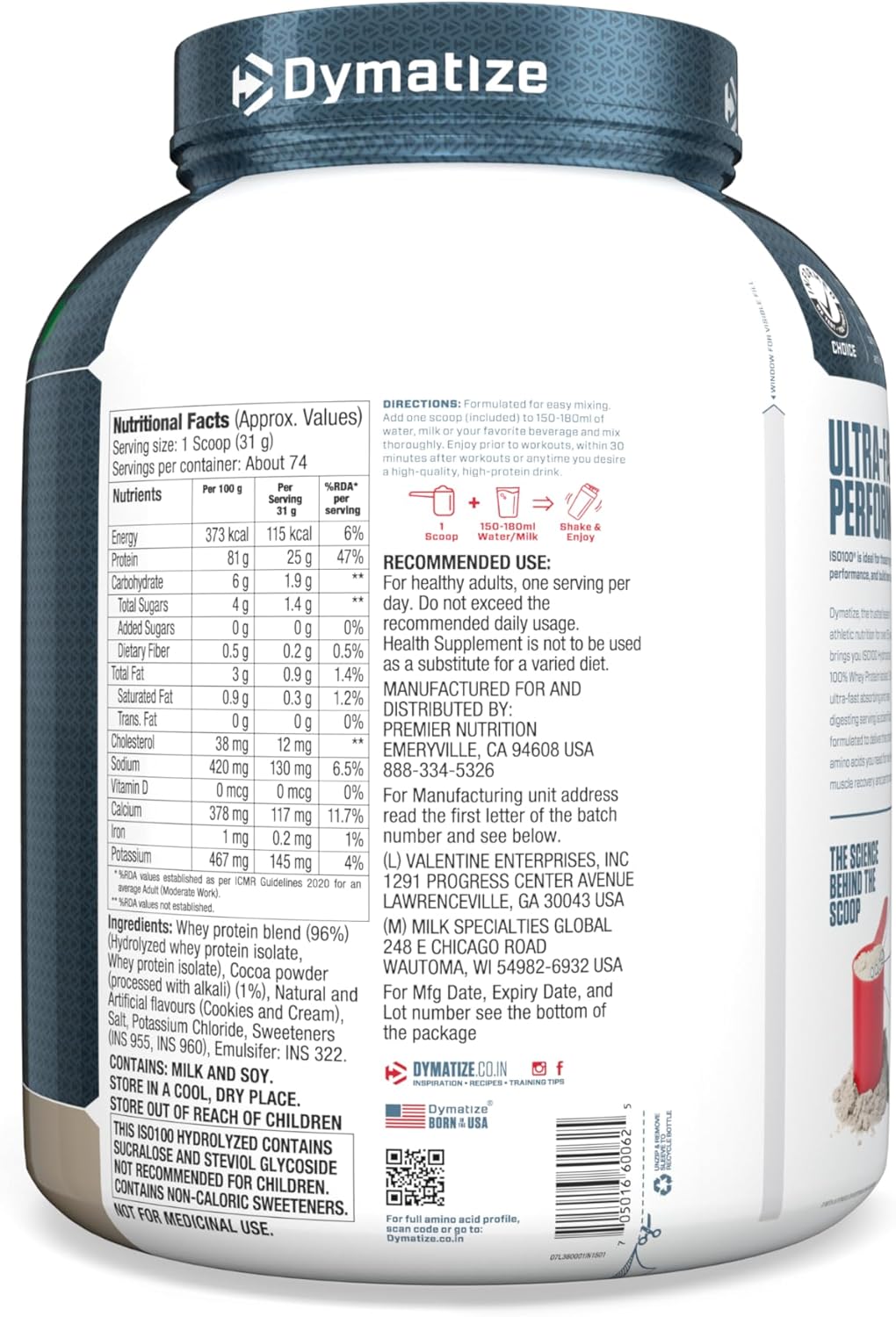 Dymatize ISO100 Hydrolyzed Protein Powder, 100% Whey Isolate Protein, 25g of Protein, 5.5g BCAAs, Gluten Free, Fast Absorbing, Easy Digesting, Cookies and Cream, 5 Pound : Health & Household