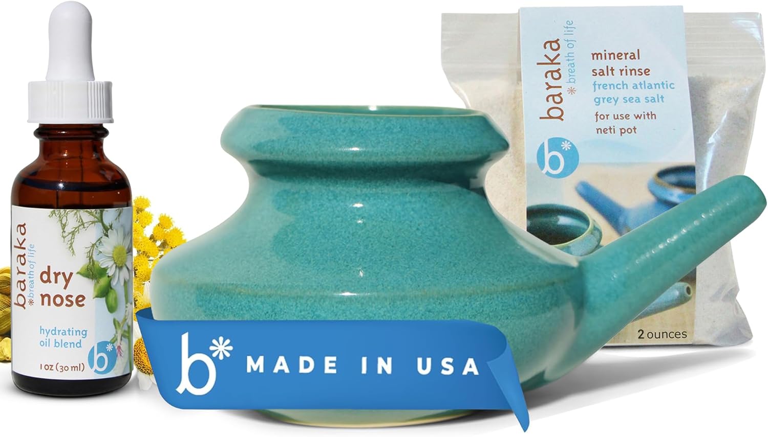 Sinus Ayurvedic Care Kit - Ceramic Neti Pot, Perfect For Sinus Relief. (1 Oz) Premium Quality Essential Oils And Mineral Salt Rinse, 2 Oz (Blue)