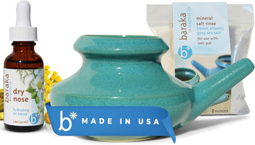 Sinus Ayurvedic Care Kit - Ceramic Neti Pot, Perfect For Sinus Relief. (1 Oz) Premium Quality Essential Oils And Mineral Salt Rinse, 2 Oz (Blue)
