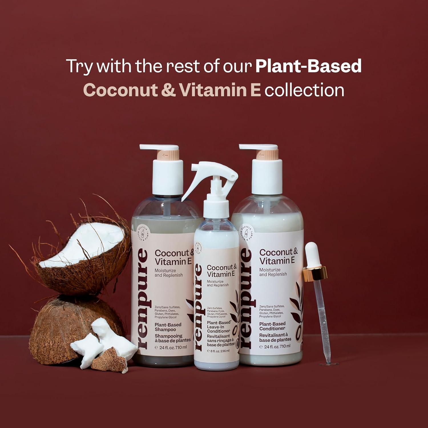 RENPURE Plant Based Natural Leave In Conditioner Spray - Hydrating Vitamin E & Coconut Oil Deep Conditioner for Hair & Beards - Sulfate Free, Anti Frizz, Heat Protectant Detangler Spray Leave In : Beauty & Personal Care