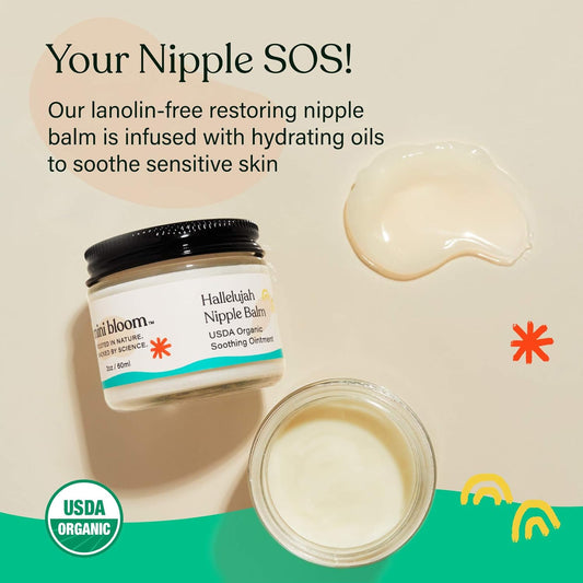 Hallelujah Nipple Balm | USDA ORGANIC Soothing Ointment | Restores Dry, Cracked, Sensitive Nipples | Lanolin-Free, Made w/ Aloe, Calendula, Olive & Sunflower Seed Oils | 2 oz