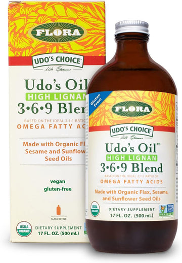 Flora - Udo'S Choice High-Lignan 369 Omega Oil Blend, Udo'S Oil Balanced 2:1:1 Ratio Of Omega Fatty Acids, Made With Organic Flax, Sesame & Sunflower Seed Oils, 17-Oz. Glass Bottle