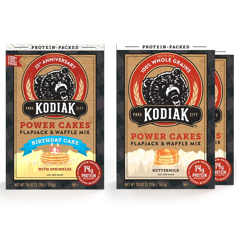 Kodiak Cakes Power Cakes Variety Pack Protein Pancake Mix & Waffle Mix - 100% Whole Grain- Buttermilk (2, 20oz) and Birthday Cake (1, 18oz)