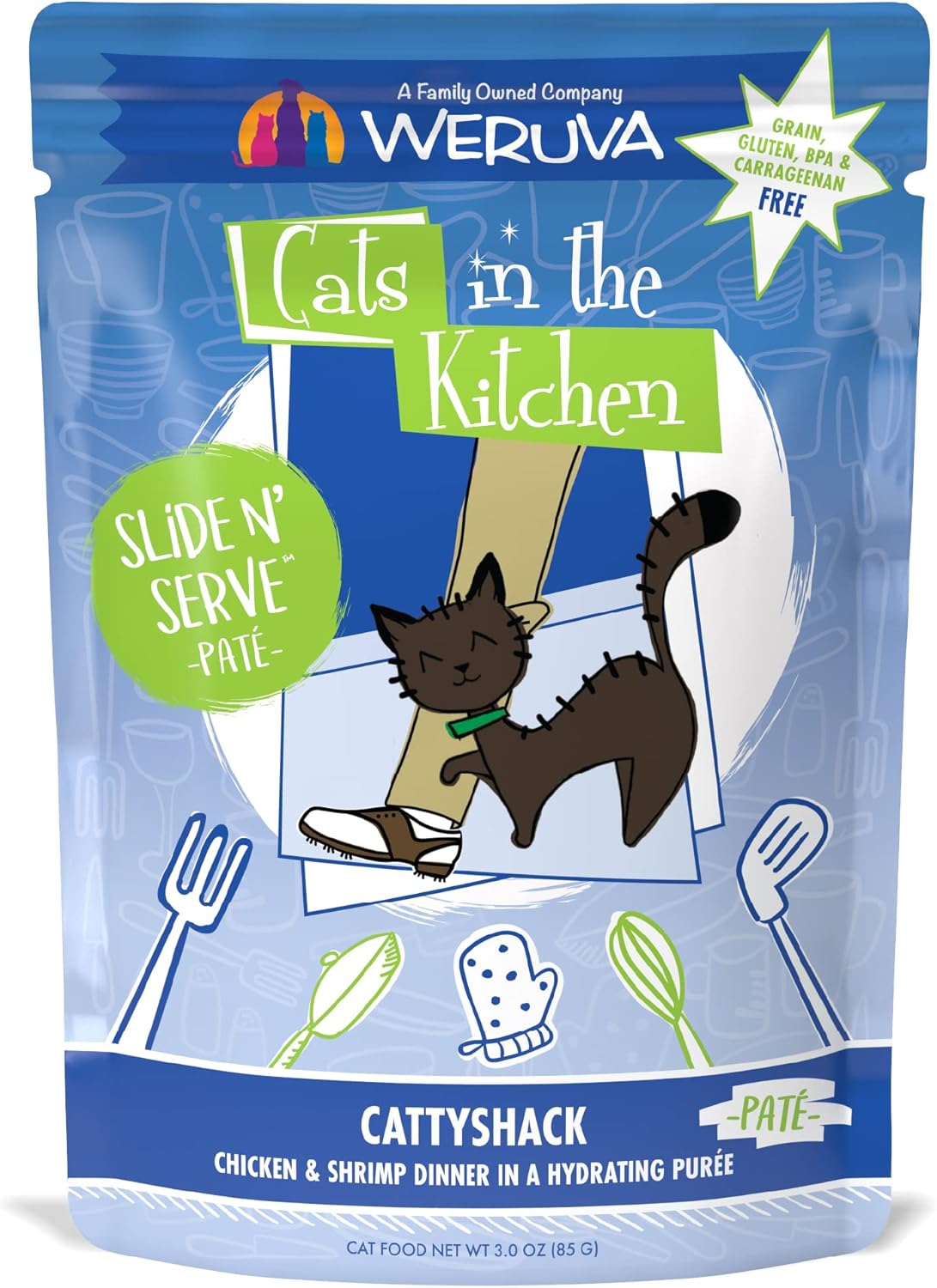 Weruva Cats In The Kitchen Slide N' Serve Grain-Free Natural Wet Pate Cat Food Pouches, Cattyshack, 3Oz Pouch (Pack Of 12)