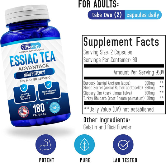 We Like Vitamins Essiac Tea Advantage 180 Capsules 900Mg Essiac Herbal Supplement And Immune Booster With Essiac Capsules