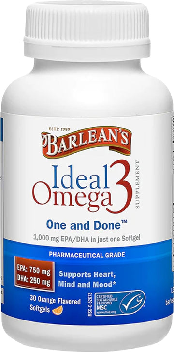 Barlean's Ideal Omega 3 Fish Oil Supplement, 1,000 mg Softgels, Pharmaceutical Grade EPA & DHA for Brain, Joint, & Heart Health, Orange Flavor, 30 ct