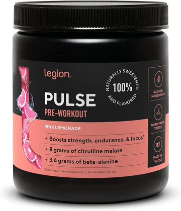 LEGION Pulse Pre Workout Supplement - All Natural Nitric Oxide Preworkout Drink to Boost Energy, Creatine Free, Naturally Sweetened, Beta Alanine, Citrulline, Alpha GPC (Pink Lemonade)