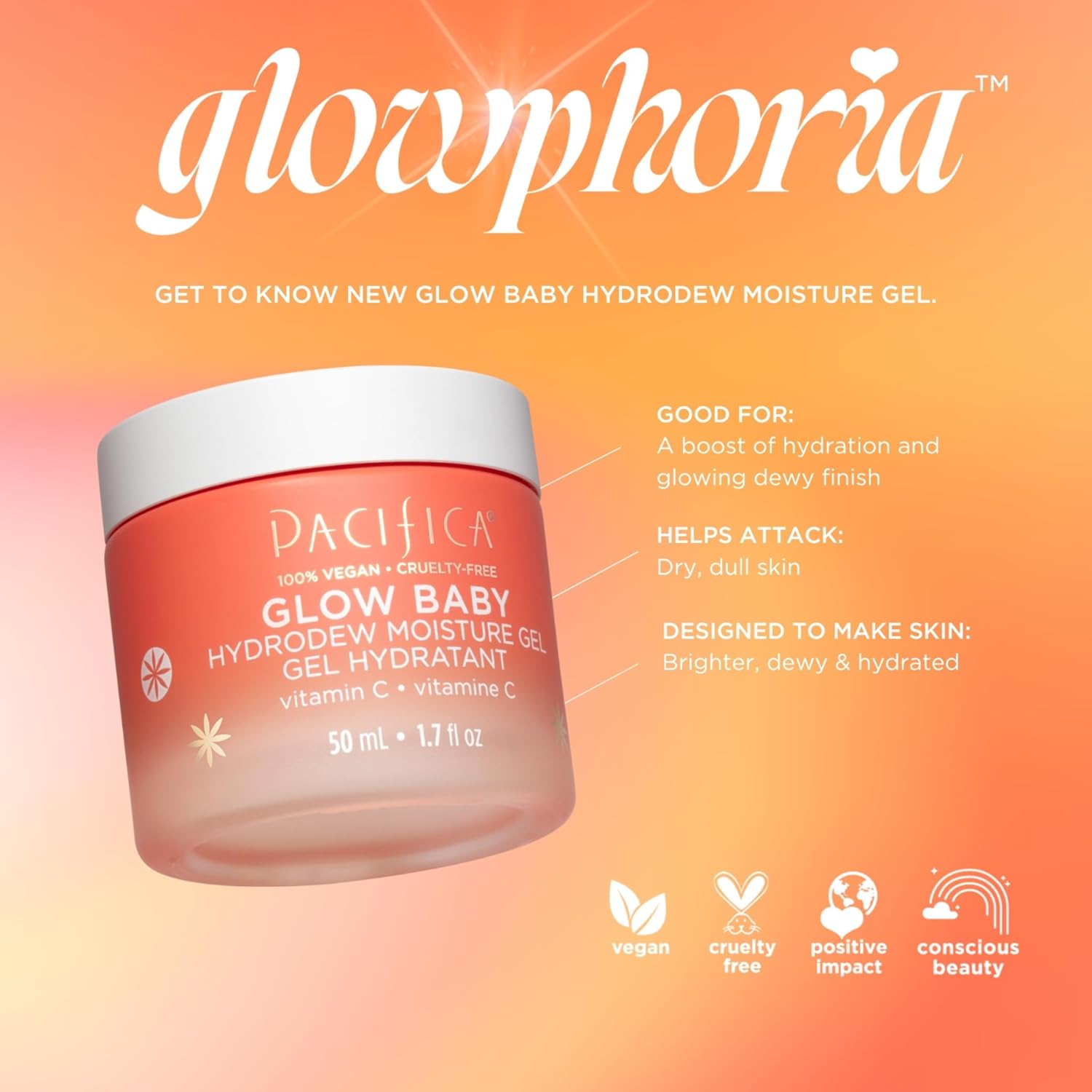 Pacifica Beauty, Glow Baby Hydrodew Gel Face Moisturizer, Dewy Glowing Skin, Vitamin C, Niacinamide, Fine Lines, Dryness, Dull Skin, Non-Sticky Formula, Hydrating, Vegan & Cruelty Free : Beauty & Personal Care