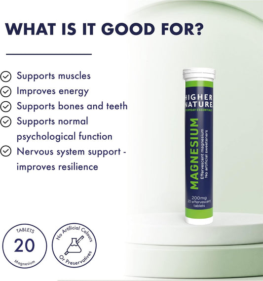 Higher Nature - Magnesium Effervescent - 200Mg Magnesium Effervescent Supplement - Natural Orange Flavour - No Artificial Sweeteners - 20 Tablets