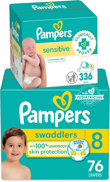 Pampers Swaddlers Disposable Baby Diapers Size 8, One Month Supply (76 Count) With Sensitive Water Based Baby Wipes 4X Pop-Top Packs (336 Count)