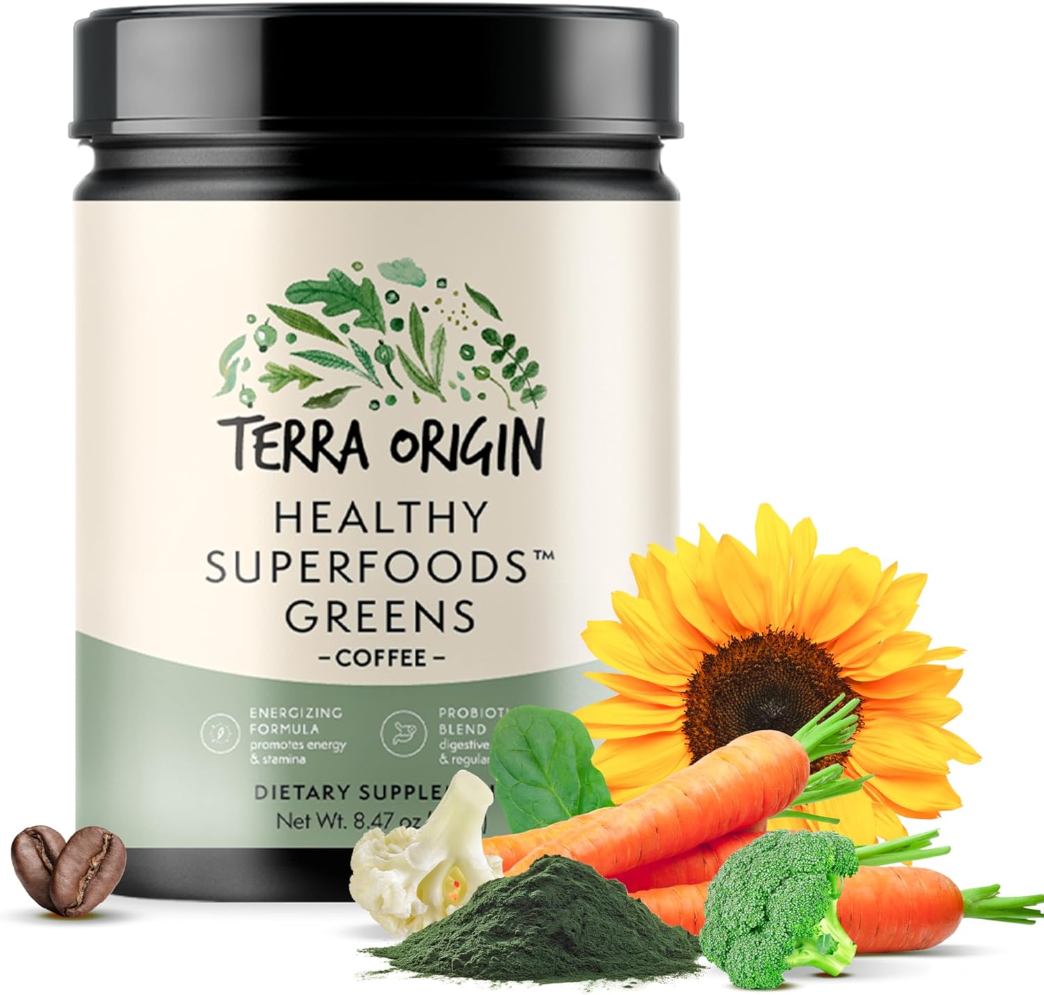 Terra Origin Greens Powder Immune Defense And Digestive Support | Probiotics, Organic Vegetables, Digestive Enzymes | Non-Gmo, Gluten-Free, Dairy Free, Vegan | 30 Servings | Coffee Flavor