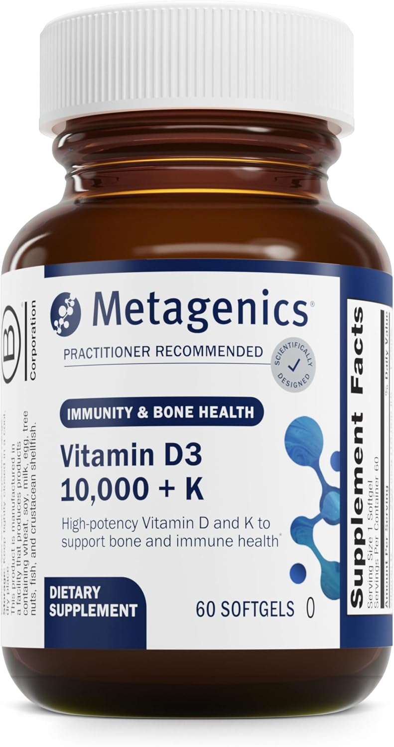 Metagenics Vitamin D3 + K - For Immune Support, Bone Health & Heart Health* - Vitamin D With Mk-7 (Vitamin K2) - Non-Gmo - Gluten-Free - 60 Softgels - 10,000 Iu