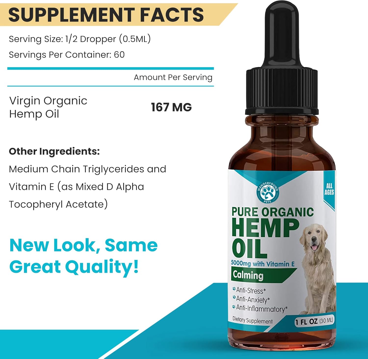 Wanderfound Pets - Hemp Oil for Dogs & Cats 5000mg - Anti-Separation Anxiety, Joint Pain, Stress Relief, Arthritis, Seizures, Chronic Pain Relief, Anti-Inflammatory - Omega 3, 6, 9-100% Organic : Pet Supplies