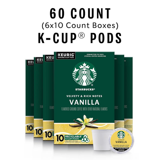 Starbucks K-Cup Coffee Pods, Vanilla Flavored Coffee, Naturally Flavored, 100% Arabica, 6 Boxes (60 Pods Total)