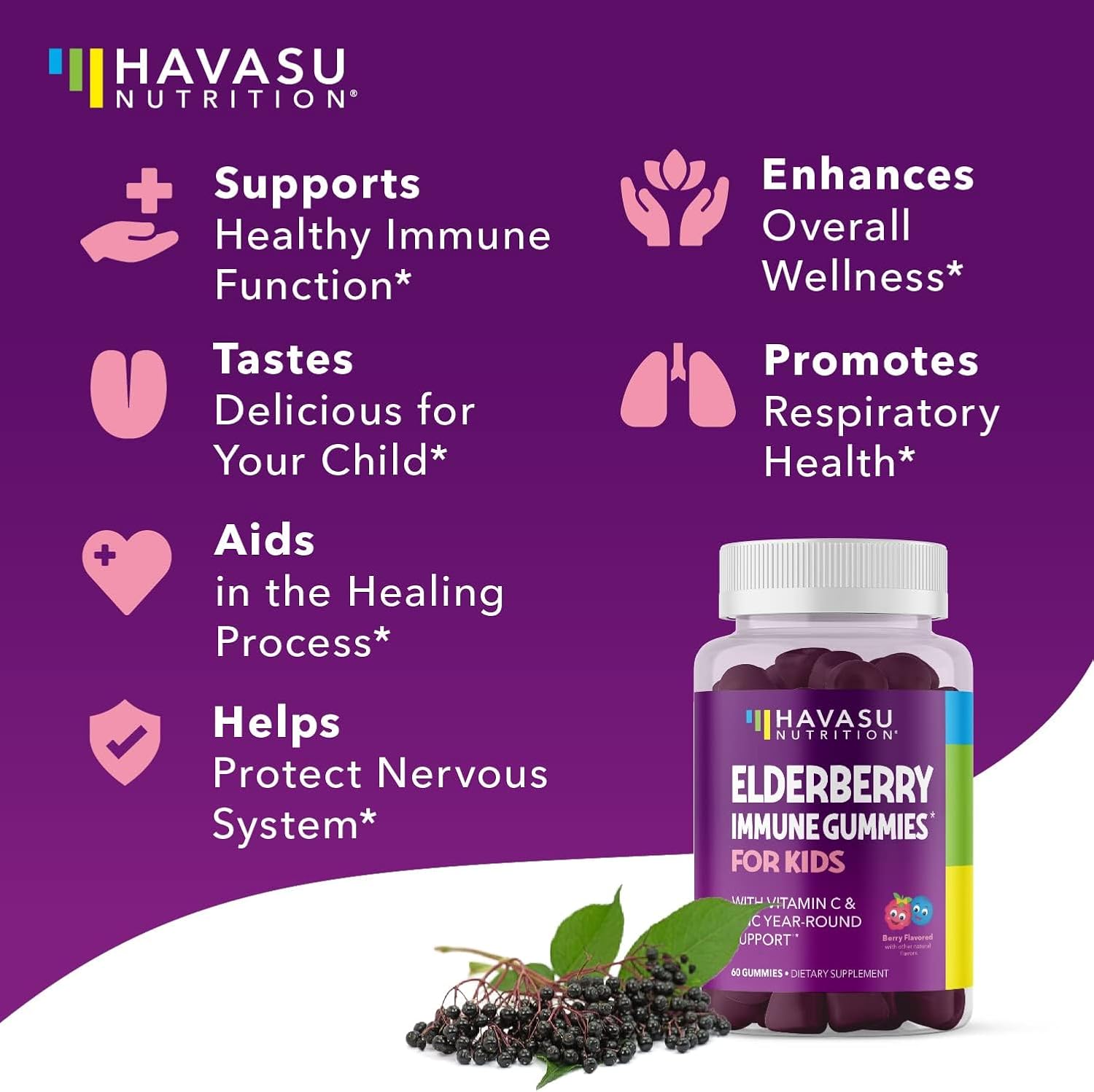 Elderberry Gummies for Kids with Zinc and Vitamin C | Potent, Herbal Immune Support for Kids with Antioxidants to Support Immune Defense | 60 Vegan Elderberry Vitamin C and Zinc Kids Immune Gummies : Health & Household