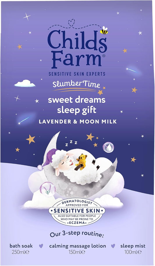 Childs Farm Slumbertime Sweet Dreams Sleep Gift Set | 3-Step Sleep Routine | Lavender & Moon Milk Bath Soak 250Ml, Calming Massage Lotion 150Ml, Sleep Mist 100Ml | Suitable For Dry & Sensitive Skin