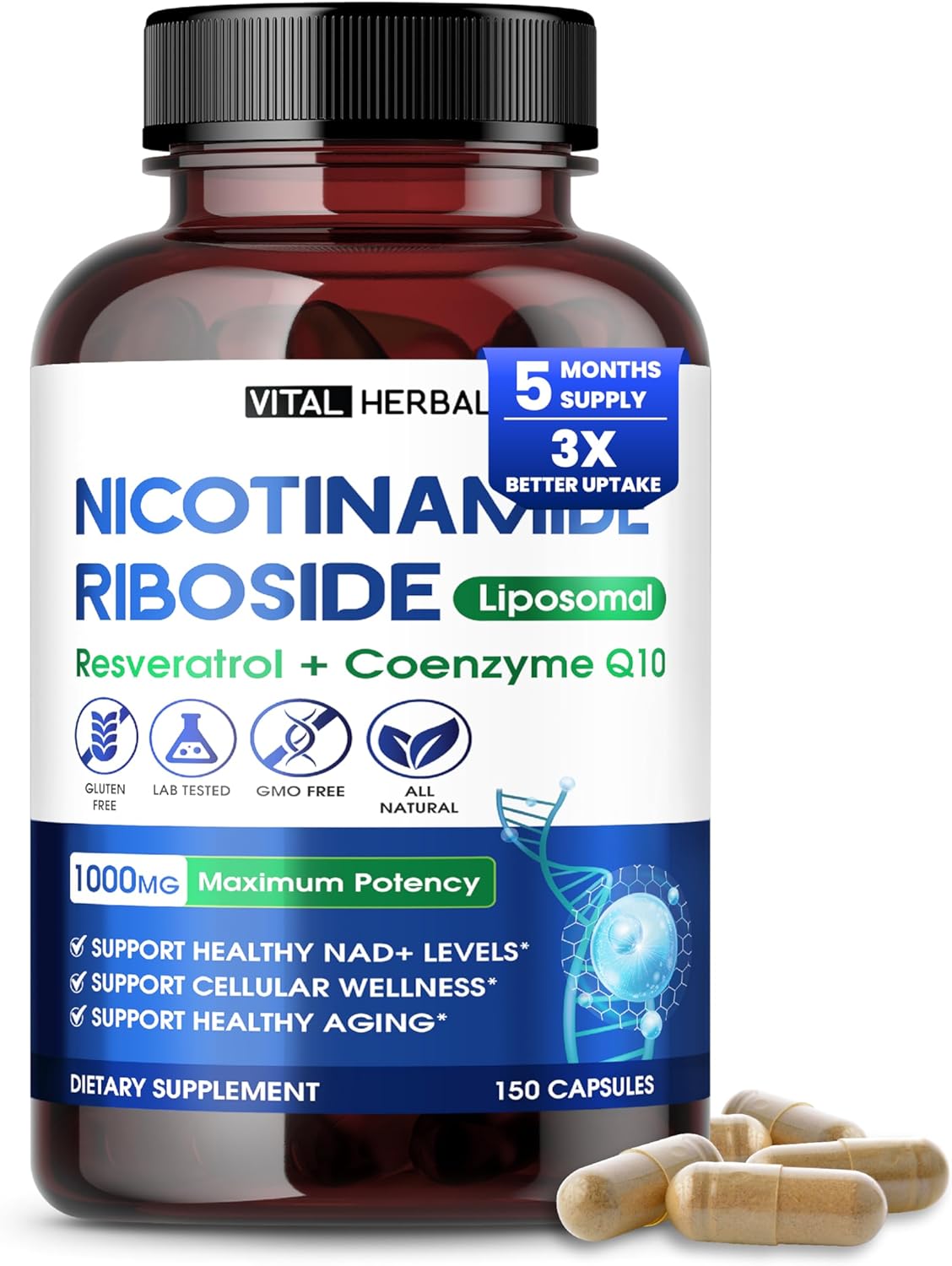 Liposomal Nicotinamide Riboside With Resveratrol & Coq10 – Supports Nad+ Levels, Cellular Health & Healthy Aging – 150 Capsules – Made In The Usa