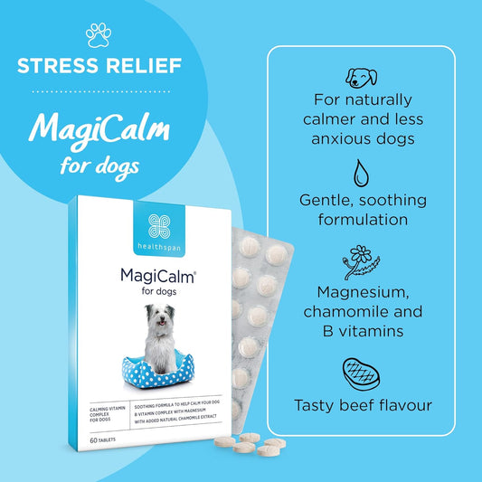 Healthspan MagiCalm For Dogs (60 Tablets) | For Naturally Calmer & Less Anxious Dogs | Gentle, Soothing Formulation | Magnesium, Chamomile & B Vitamins | Tasty Beef Flavoured