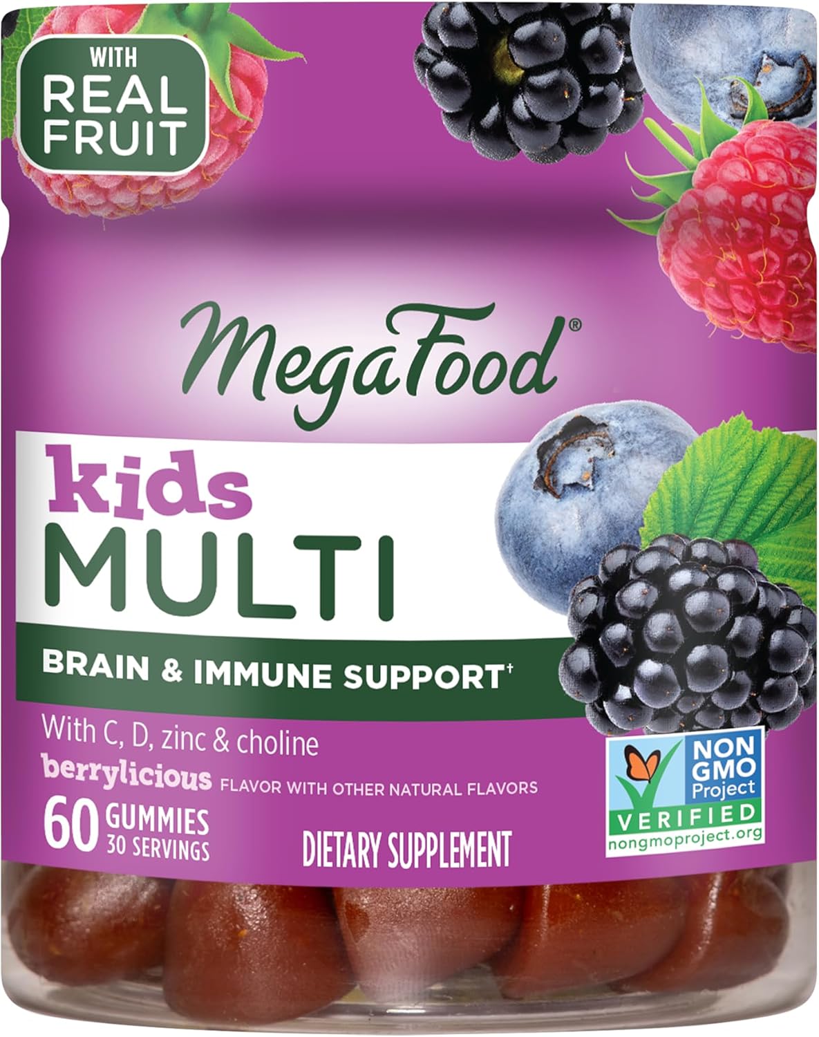 MegaFood Kids Multivitamin Gummies - Kids Vitamins - Age 4+ with Vitamin C, Vitamin D, Zinc, Choline, and Real Fruit - Brain & Immune Support - Berrylicious avor - 60 Gummies (30 Servings)