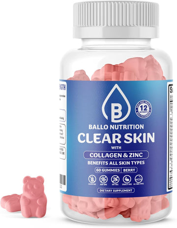 Ballo Nutrition Clear Skin Gummies Healthy Skin Collagen Anti Aging Sun Damage & Wrinkles Zinc Folate Biotin Hydrate Skin Care Acne Treatment for Women & Men (1 Month Supply)