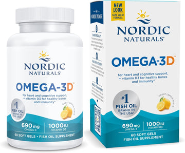 Nordic Naturals Omega-3D, Lemon Flavor - 60 Soft Gels - 690 mg Omega-3 + 1000 IU Vitamin D3 - Fish Oil - EPA & DHA - Immune Support, Brain & Heart Health, Healthy Bones - Non-GMO - 30