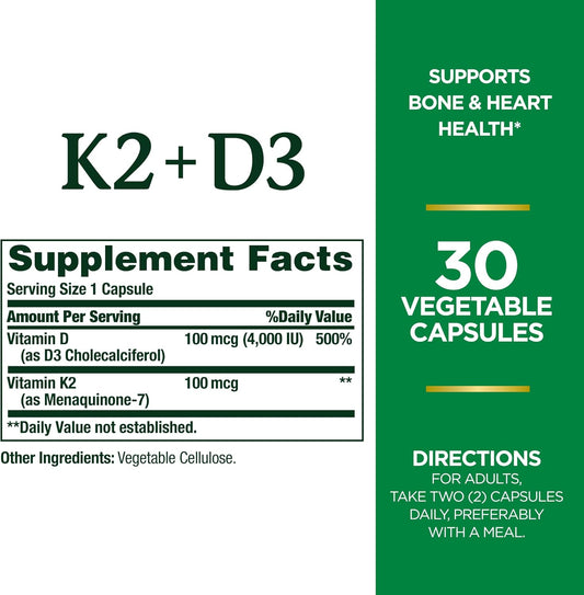 Nature'S Bounty Vitamin D3 K2 Supplement, 4000 Iu Vitamin D3 Plus 100 Mcg Of Vitamin K For Heart & Bone Health Support, 30 Day Supply, 30 Vegetarian Capsules, K2 + D3 Supplements For Adults
