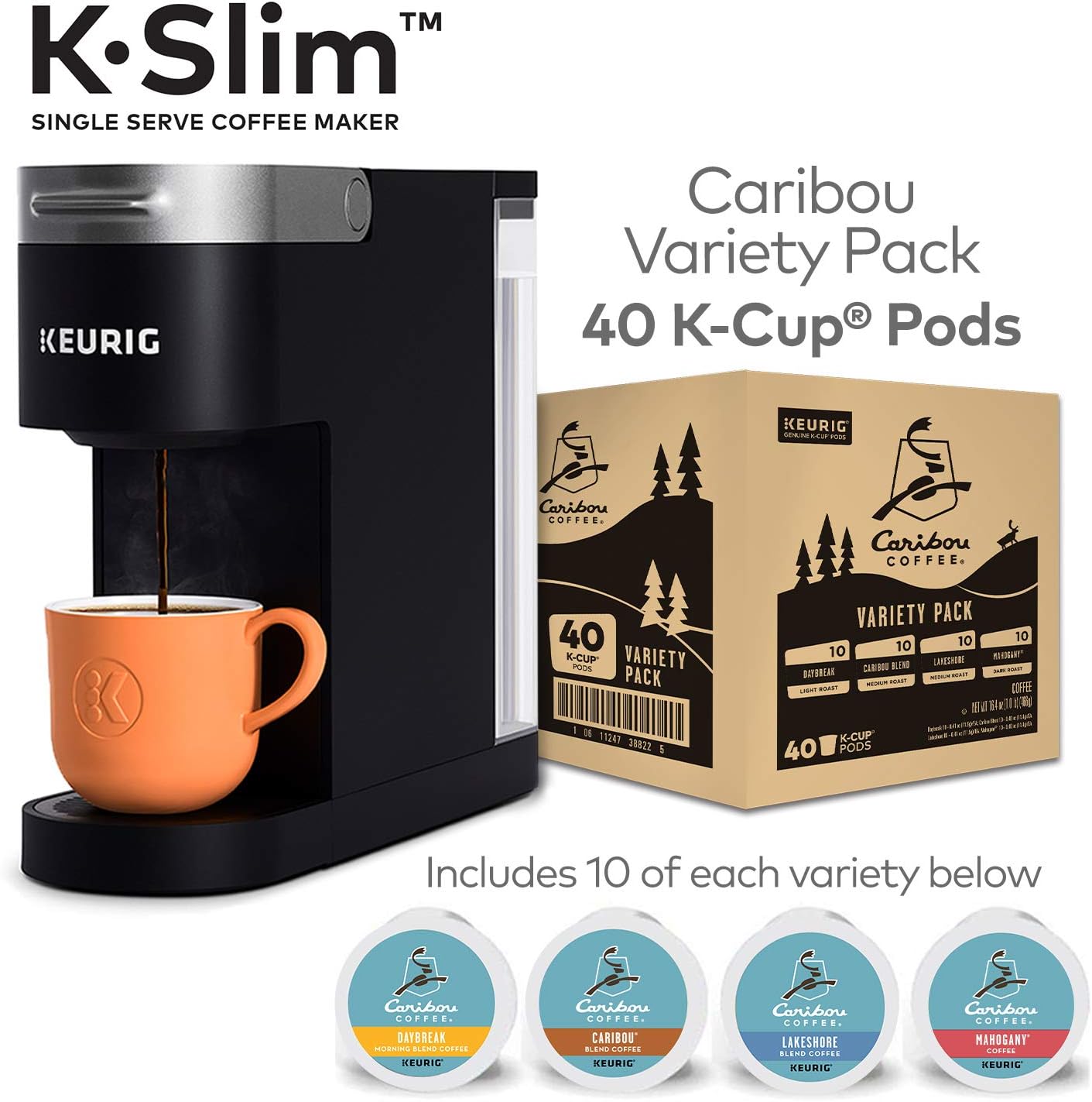 Keurig K-Slim Coffee Maker With Caribou 40 Count Variety Pack Coffee Pods