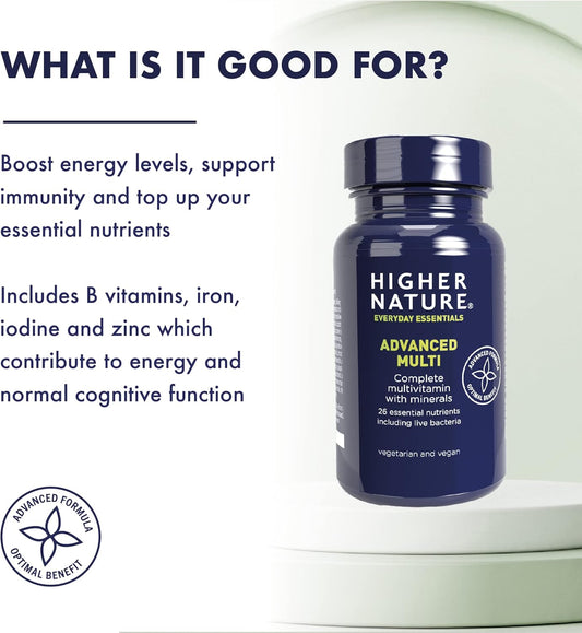 Higher Nature - Advanced Multi - Multi Vitamins Supplements - 26 Essential Vitamins, Minerals & Live Bacteria - Vegan Multivitamin - 90 Tablets