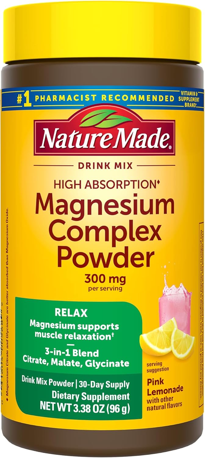 Nature Made High Absorption Magnesium Complex Drink Mix Powder, Magnesium Citrate, Magnesium Glycinate & Magnesium Malate 3-In-1 Blend, Pink Lemonade Flavor, 96 G, 30 Day Supply