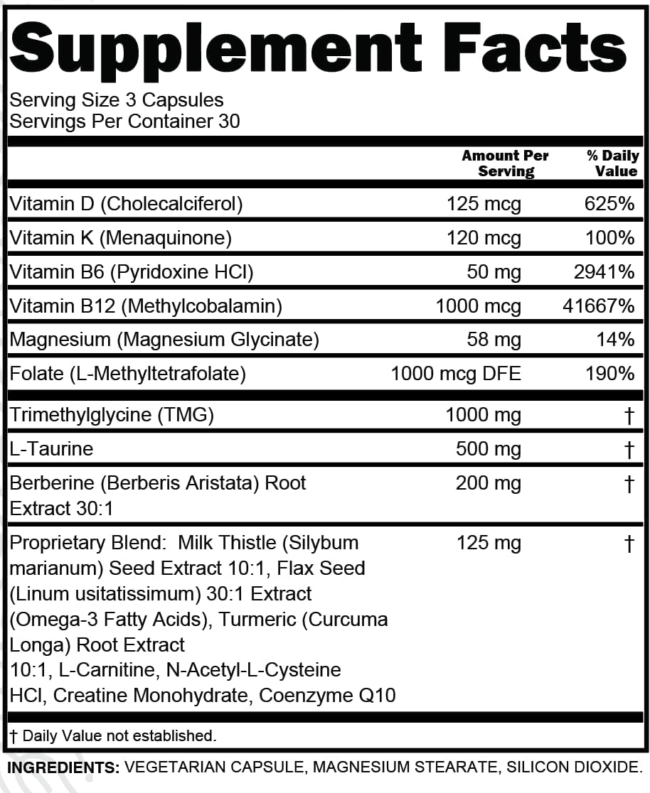 Clean Nutra TMG Taurine Supplement - Methylated Multivitamin with B6 Vitamins, B12, D3 K2, Berberine, Magnesium Methylfolate Milk Thistle Omega 3 Turmeric NAC L Carnitine Creatine COQ10 & More, 90 Ct : Health & Household