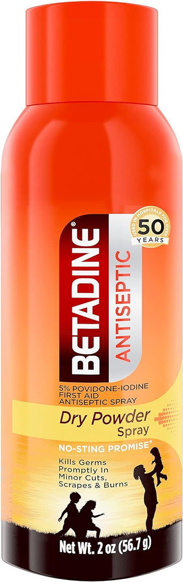 Betadine Antiseptic Dry Powder First Aid Spray, Povidone-Iodine 5%, Infection Protection, Kills Germs In Minor Cuts Scrapes And Burns, No Mess, No Drip, No Sting Promise, No Alcohol, 2 Fl Oz