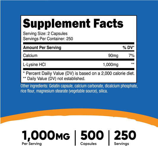 Nutricost L-Lysine 1000Mg Per Serving, 250 Servings, 500 Capsules - Gluten Free, Non-Gmo, 500Mg Per Capsule