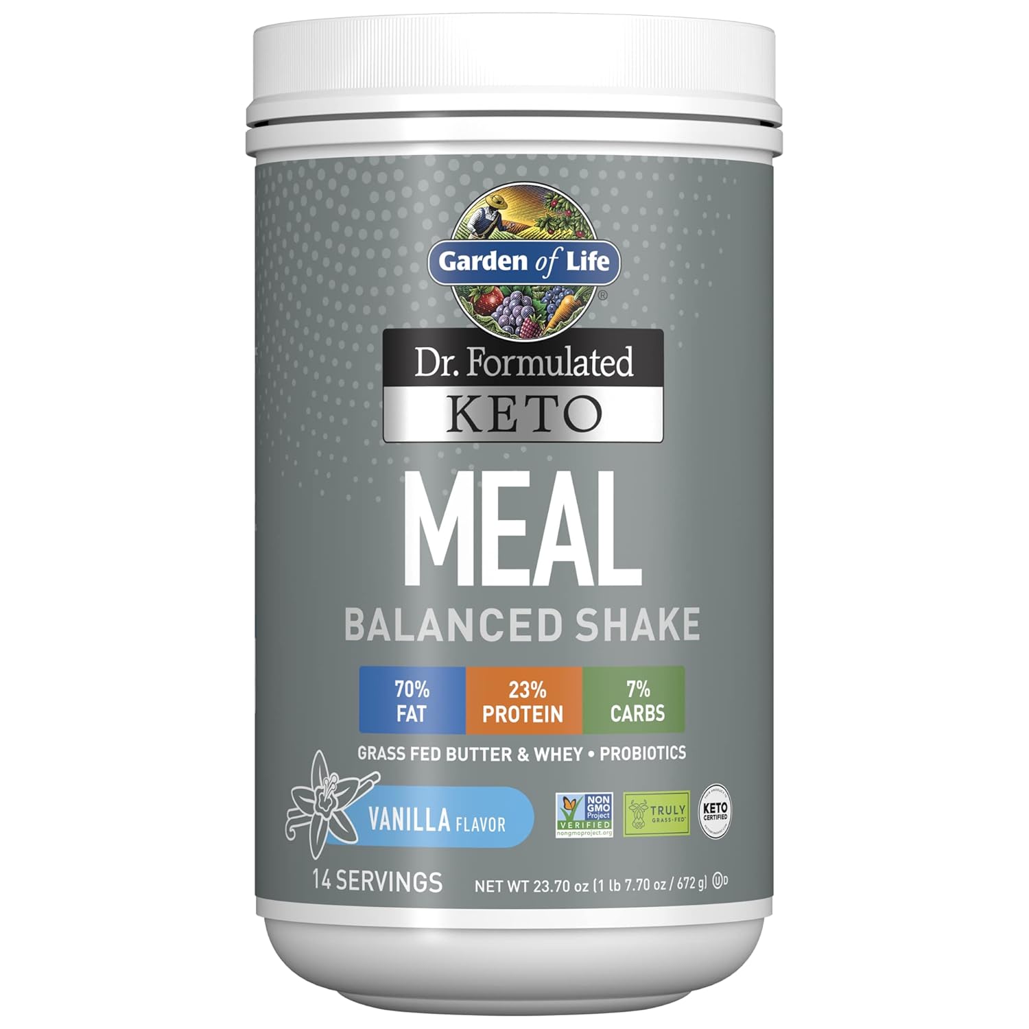 Garden Of Life Dr. Formulated Ketogenic Meal Balanced Shake Powder, Truly Grass Fed Butter & Whey Protein Plus Probiotics, Non-Gmo, Gluten Free, Paleo Replacement, Vanilla, 23.7 Oz