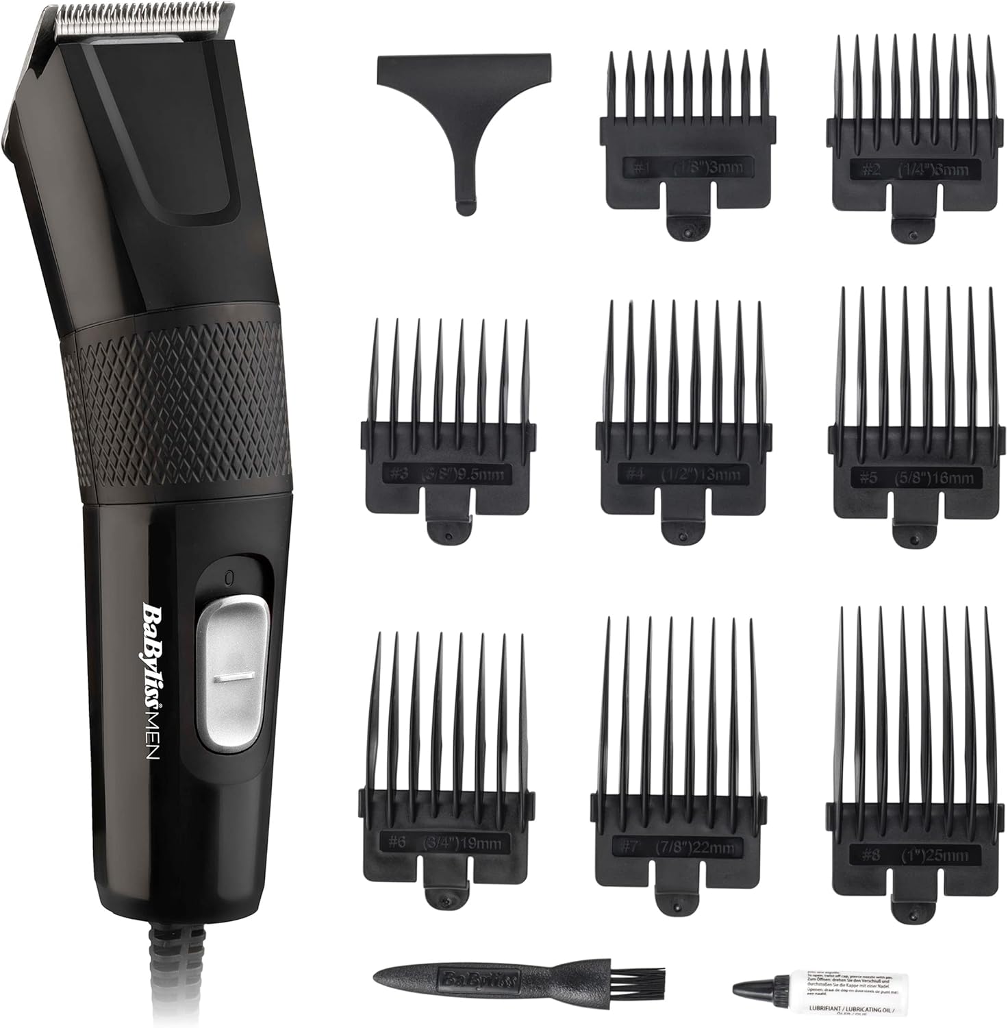 Babyliss Hair Clipper Precision Power, Corded Hair Clippers For Men, Sharp Stainless Steel Blades, 8 Cutter Guides 1-8, Grooming Set, Black, 7755U