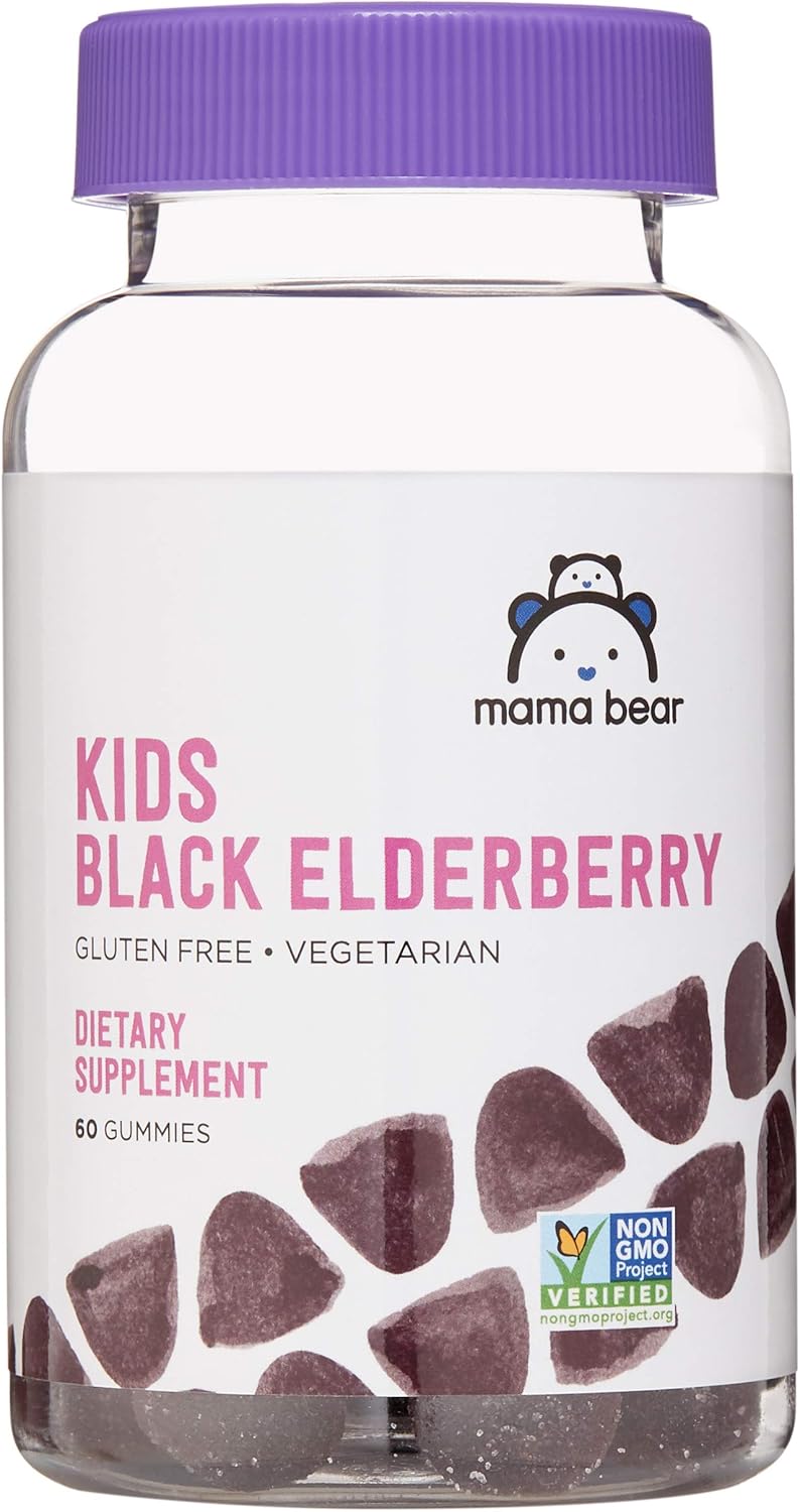 Amazon Brand - Mama Bear Vegetarian Kids Black Elderberry Gummies 300 Mg With Vitamins C, D, E And Zinc, Immune System Support, 60 Count (1 To 2 Month Supply), Non-Gmo, Gluten Free