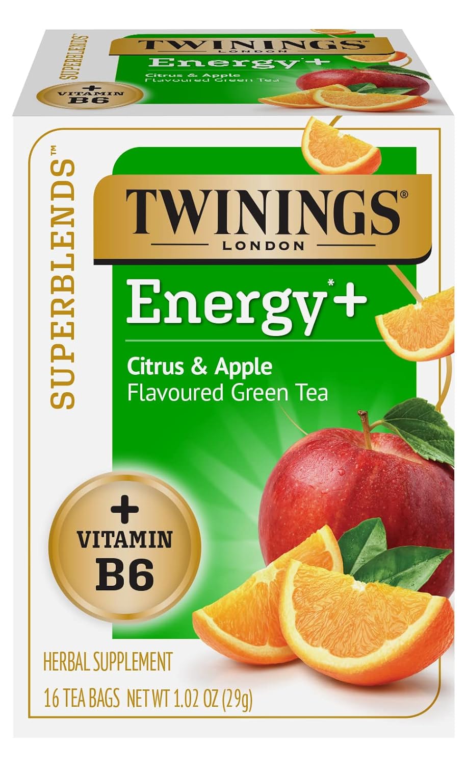 Twinings Superblends Energy+ Herbal Tea with Vitamin B6, Citrus & Apple Caffeine-Free Green Tea, 16 Tea Bags (Pack of 6), Enjoy Hot or Iced