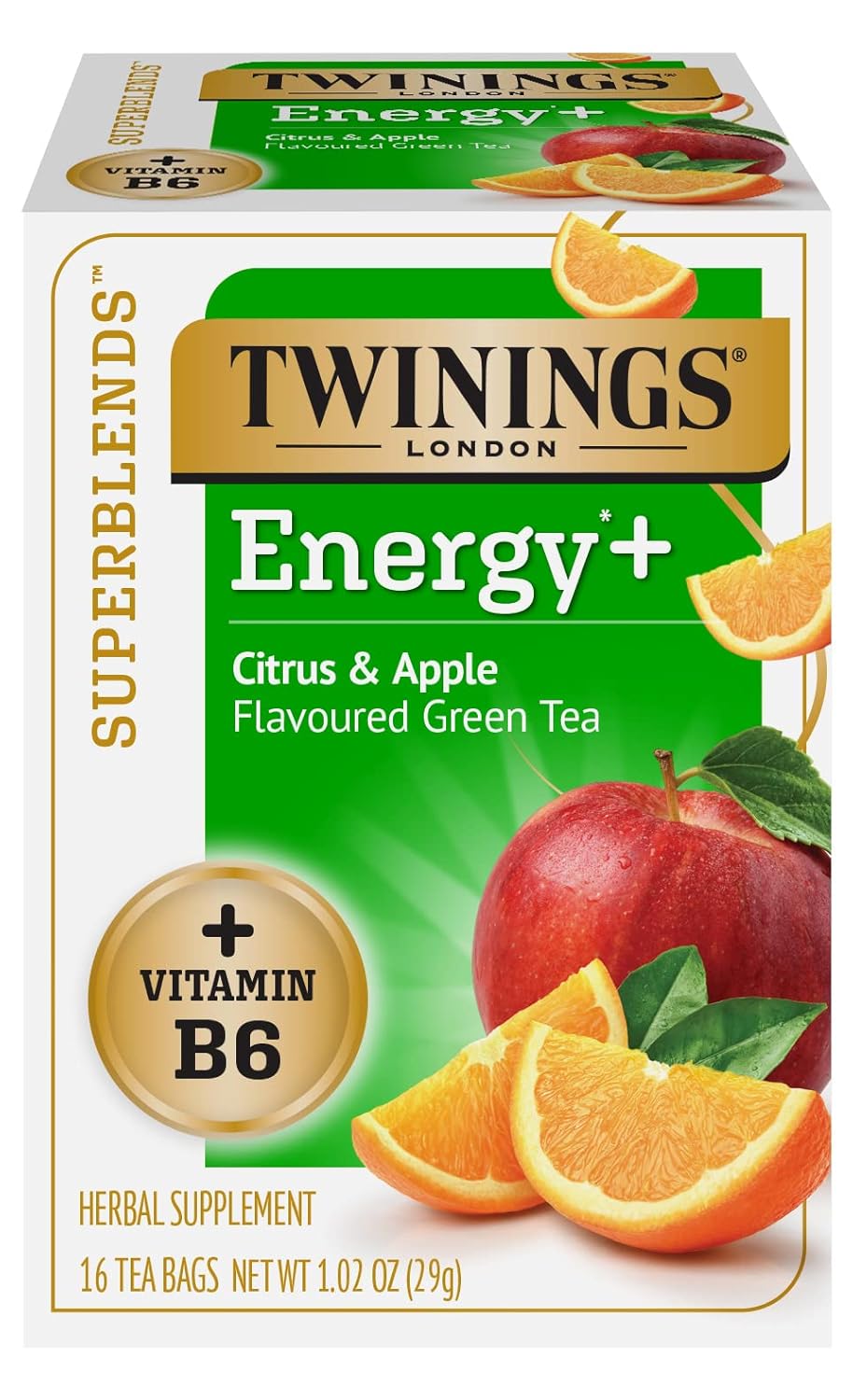 Twinings Superblends Energy+ Herbal Tea With Vitamin B6, Citrus & Apple Caffeine-Free Green Tea, 16 Tea Bags (Pack Of 6), Enjoy Hot Or Iced