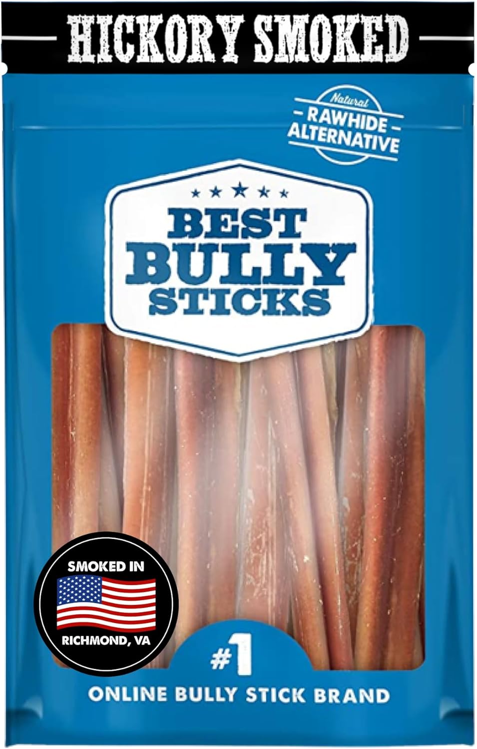 Best Bully Sticks Hickory Smoked Bully Sticks For Dogs 6 Inch 15-Pack - 100% Natural, No Additives - Free-Range Grass-Fed Beef, Grain-Free Dog Chews