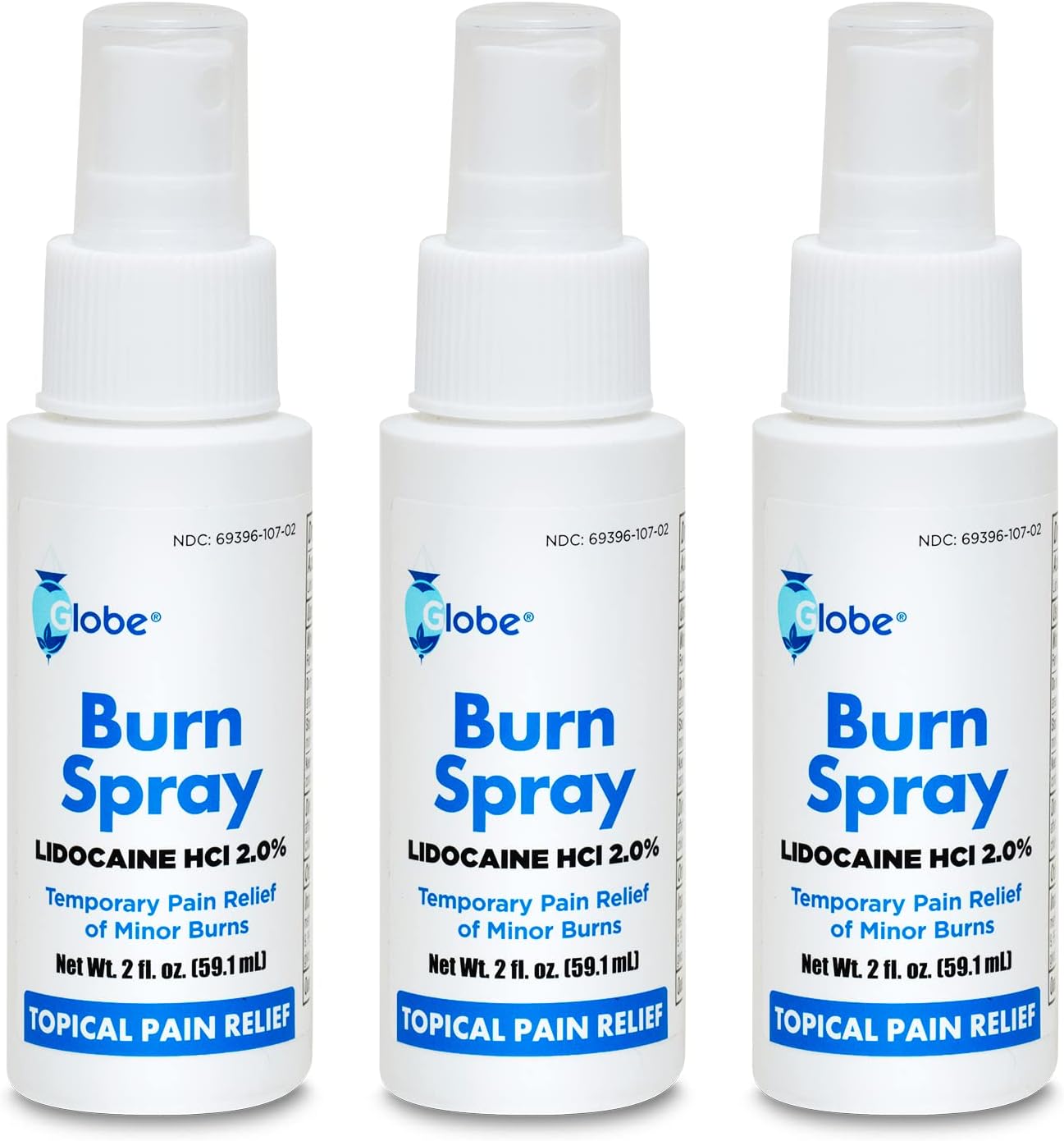 Globe (3 Pack) Burn Spray, Lidocaine 2%. Topical Anesthetic Pain Relief And Numbing 2 Oz Spray Bottle