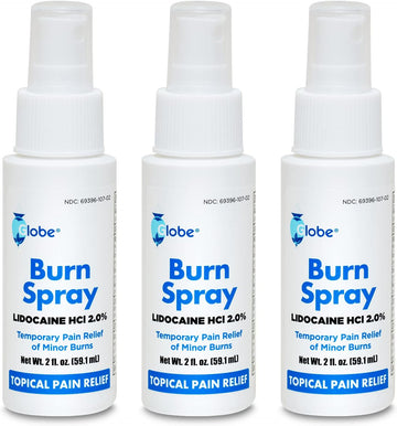 Globe (3 Pack) Burn Spray, Lidocaine 2%. Topical Anesthetic Pain Relief And Numbing 2 Oz Spray Bottle