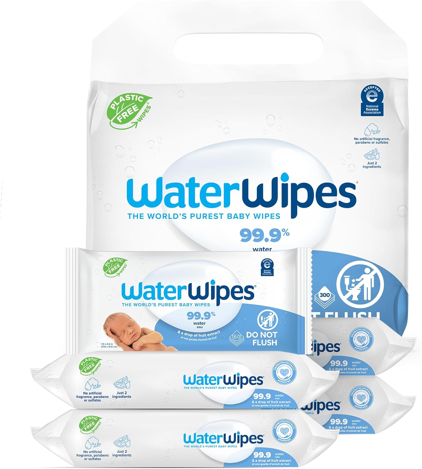 Waterwipes Plastic-Free Original Baby Wipes, 99.9% Water Based Wipes, Unscented & Hypoallergenic For Sensitive Skin, 300 Count (5 Packs)