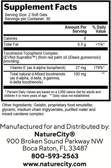 Naturecity True-E Full Spectrum Tocotrienols Vitamin E & Natural Alpha Tocopherol Supplement | Sustainable Vitamin E Tocotrienols From Evnol Suprabio | Non-Gmo Vitamin E Complex | 60 Soft Gels