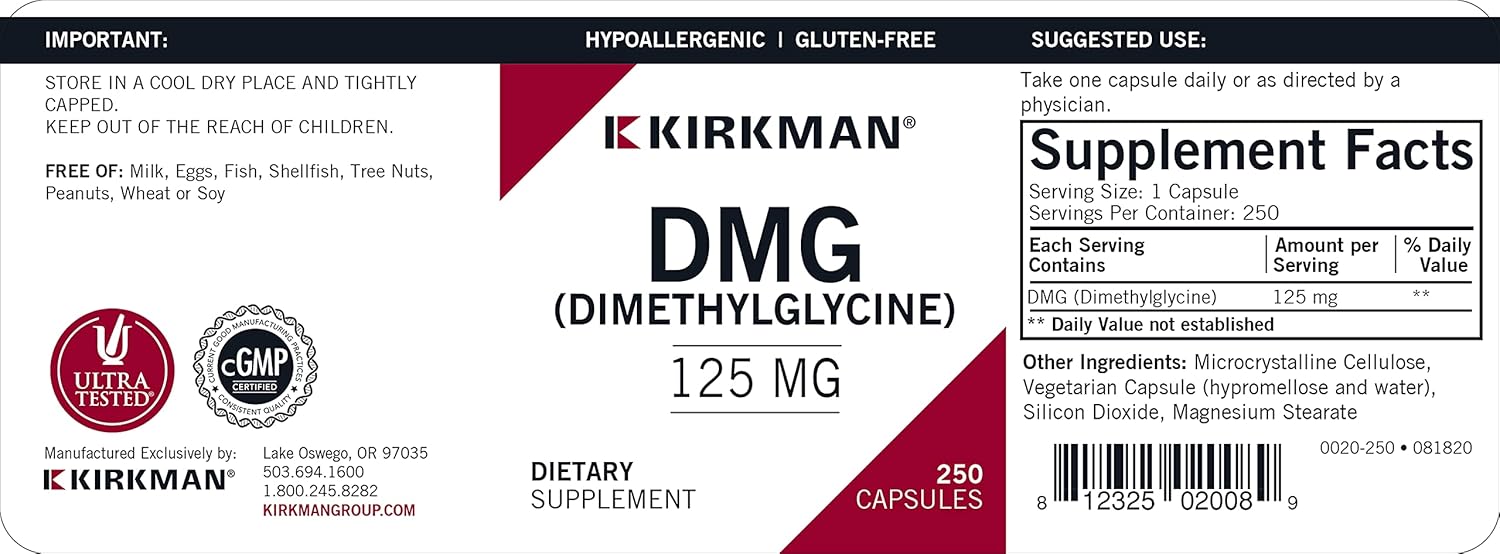 Kirkman – DMG (Dimethylglycine) 125 mg - Hypoallergenic - 250 Vegetarian Capsules : Health & Household