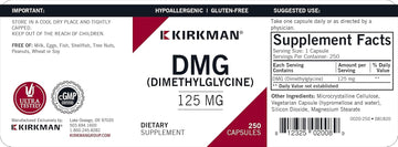 Kirkman – Dmg (Dimethylglycine) 125 Mg - Hypoallergenic - 250 Vegetarian Capsules