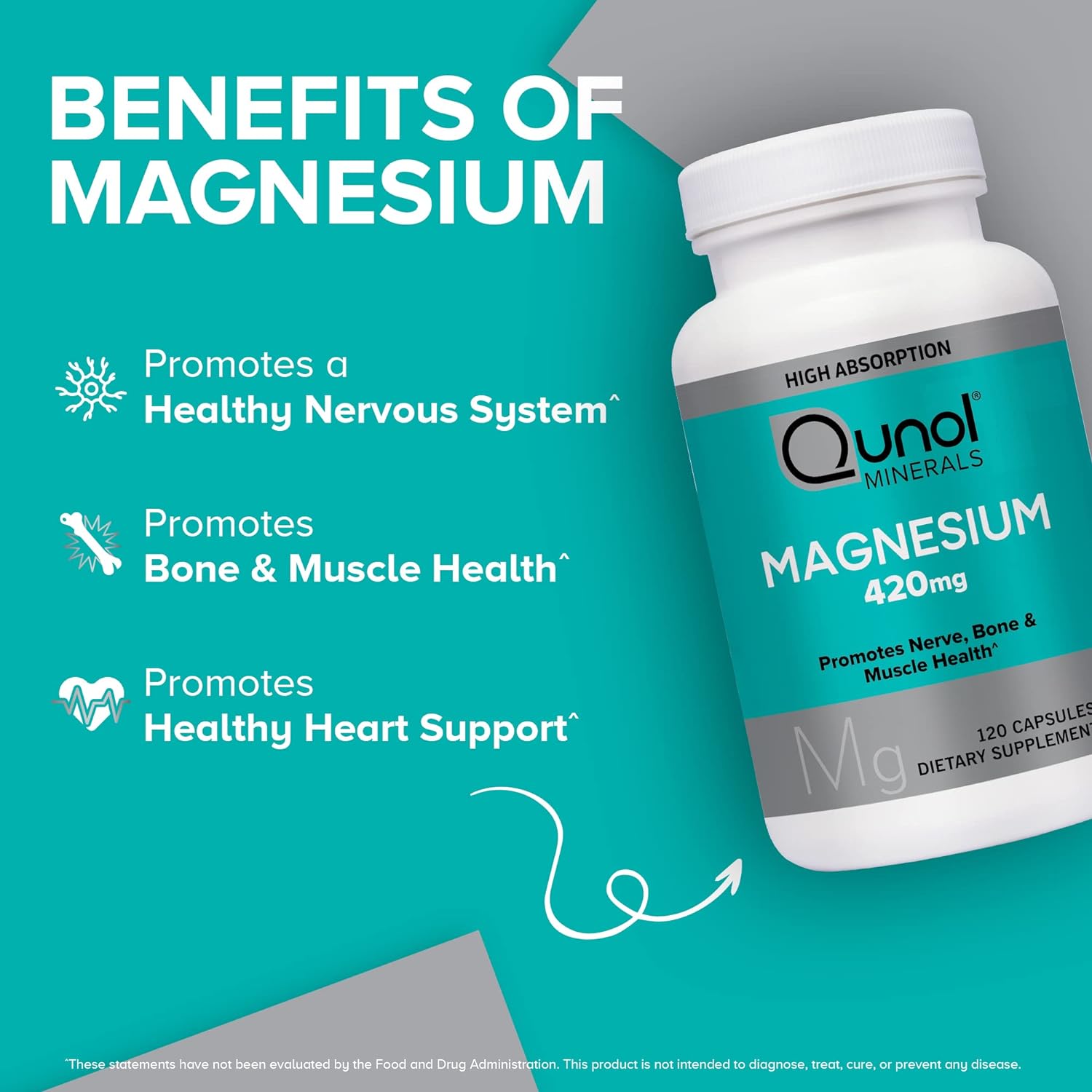 Magnesium Glycinate Capsules, Qunol Chelated Magnesium 420mg, High Absorption, Extra Strength, Bone, Nerve and Muscle Health Supplement, 120 Count