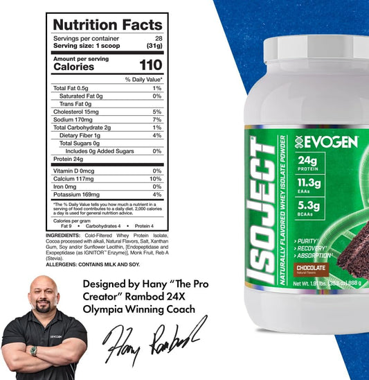 Evogen Isoject Naturals - Whey Protein Isolate | Naturally Flavored, Ultra-Pure Whey Protein Powder With Ignitor™ Enzymes, Bcaas, And Eaas | Enhanced Absorption & Recovery | Chocolate | 28 Servings