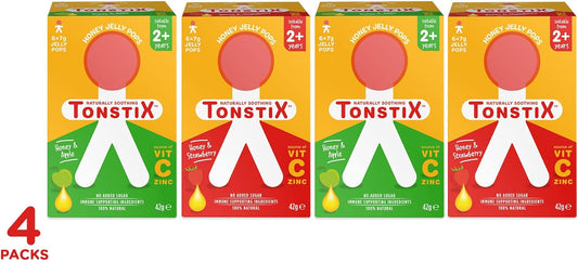 Tonstix 2 Packs Honey & Apple + 2 Packs Honey & Strawberry Jelly Pops | 4 X Packs Of 6 | For Sore Throats & Coughs | Source Of Vit C & Zinc No Added Sugar Immune Supporting Ingredients -100% Natural